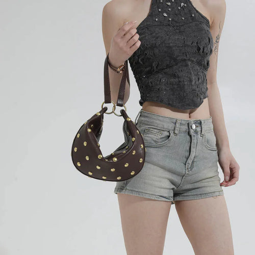 Gold Studded Hobo Bag Women – Punk PU Leather Shoulder Bag