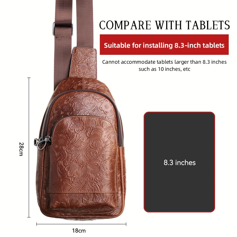Genuine Leather Chest Bag – Luxury Floral Embossed Sling Backpack for Men