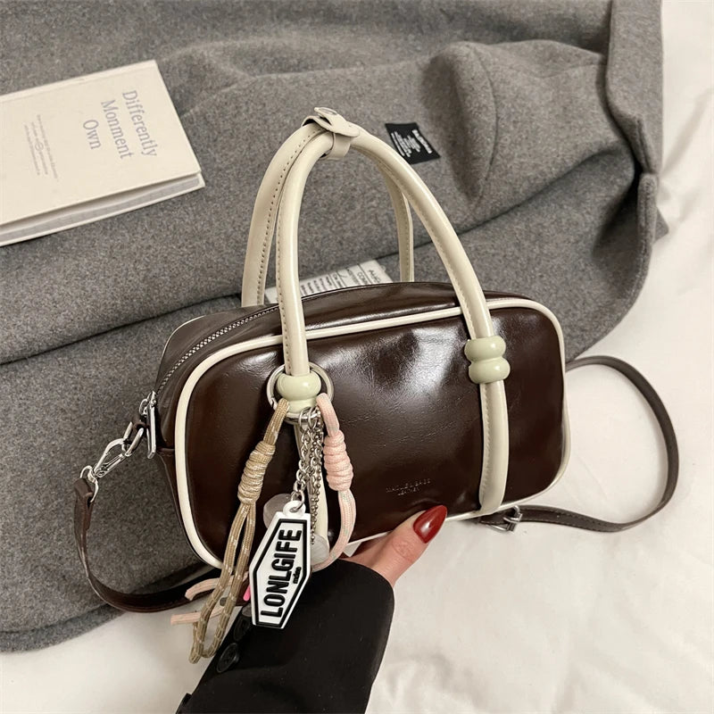 Moods Mini Square Top-Handle Bags Women Contrast Color Small Boston Shoulder Crossbody Bag Luxury