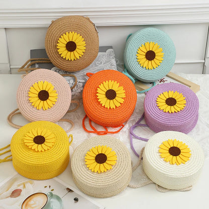 Sunflower Round Straw Crossbody Bag for Women