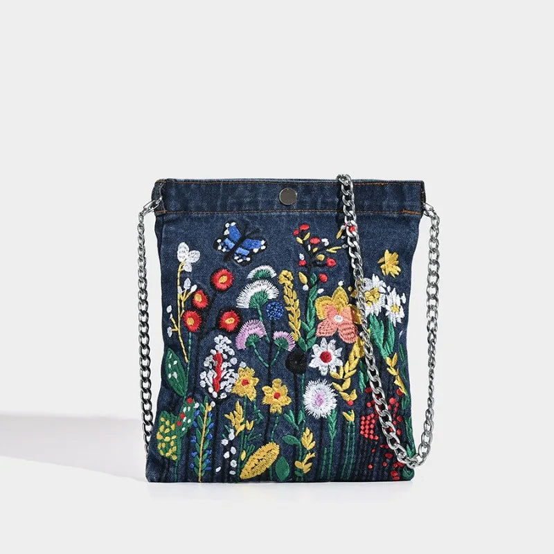Embroidered Denim Shoulder Bag – Floral Chain Crossbody for Women