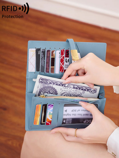 RFID Blocking Ultra-Thin Long Wallet for Women – PU Leather Double Fold Card Clip