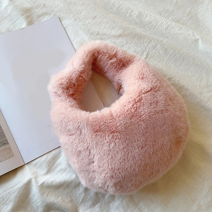 Plush Half Moon Bag – Fluffy Top Handle Clutch for Women