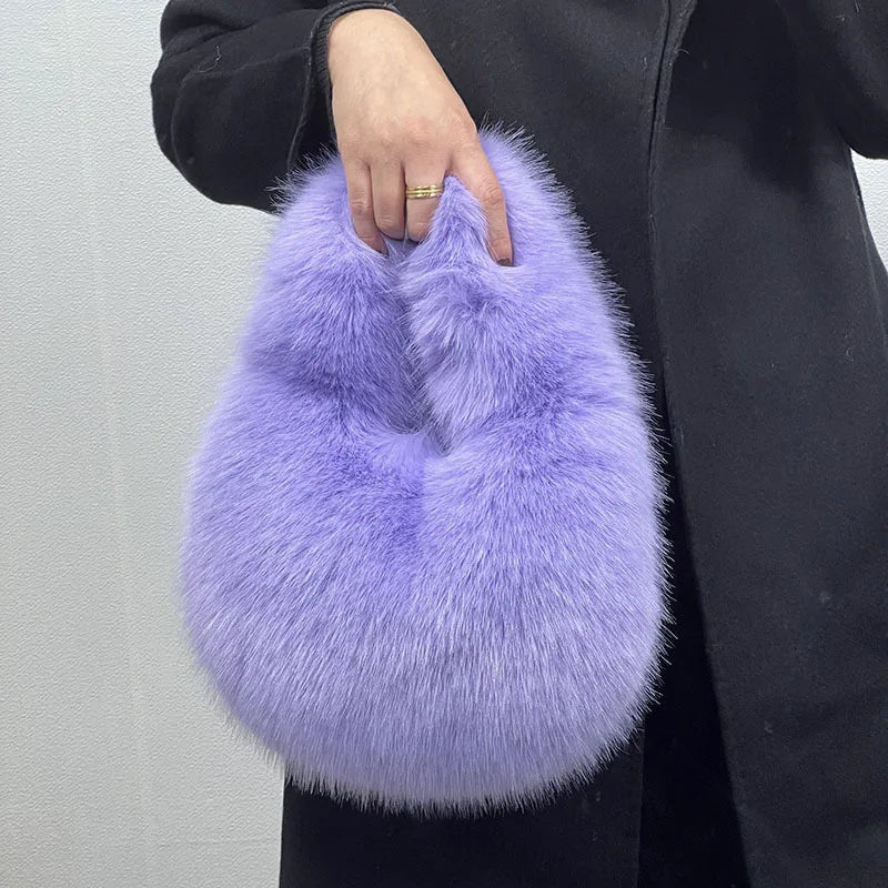 Fluffy Faux Fur Half Moon Bag – Women's Luxury Small Tote