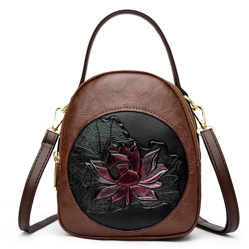 Lotus Embossed Leather Crossbody Bag – Mini Vintage Shoulder Bag