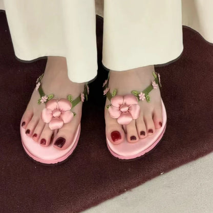 Floral Flat Sandals for Women – Satin Flower Flip-Flops