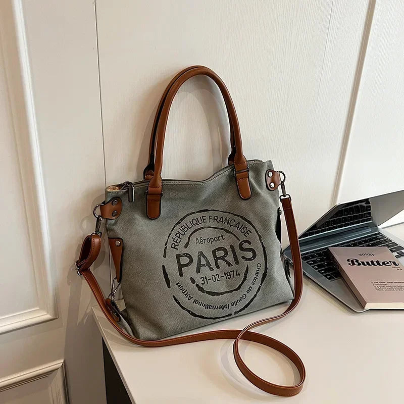Vintage Paris Canvas Tote Bag – Large Crossbody Shoulder Bag