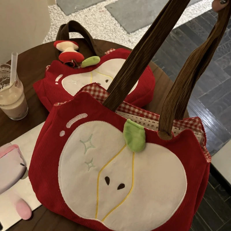 Corduroy Apple Handbag — Cute Casual Shoulder Bag with Pendant