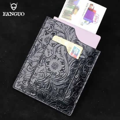 Genuine Leather Passport Holder – Floral Embossed Travel Wallet