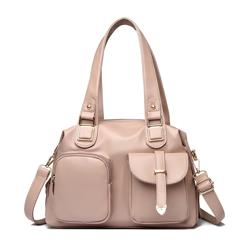 Leather Tote Handbag with Dual Front Pockets & Arrow Hardware