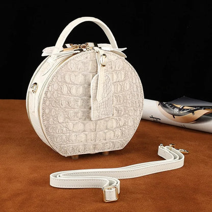Crocodile Leather Round Bag – White Crossbody Handbag