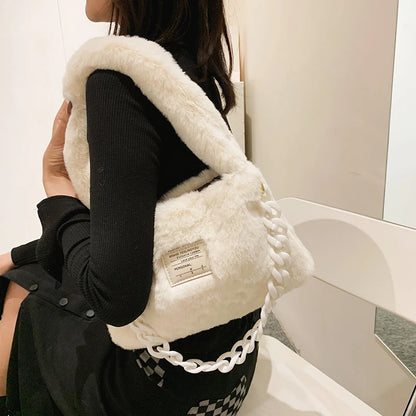 Soft Plush Shoulder Bags Women 2022 Winter Luxury Designer Handbag Thick Chain Fluffy Hand Warmers