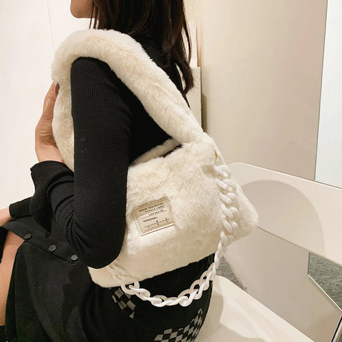 Soft Plush Shoulder Bags Women 2022 Winter Luxury Designer Handbag Thick Chain Fluffy Hand Warmers