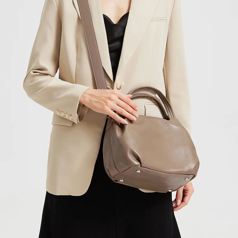 Genuine Cowhide Leather Bucket Tote Bag for Women – Large Capacity