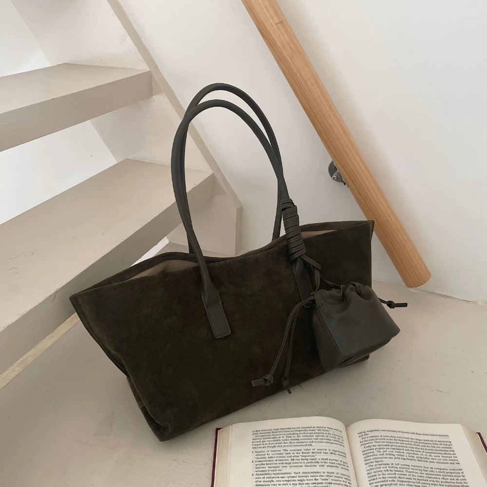 Vintage Large Capacity Suede Tote Bag Designer Trapeze Shoulder Bags Women Luxury Genuine Leather