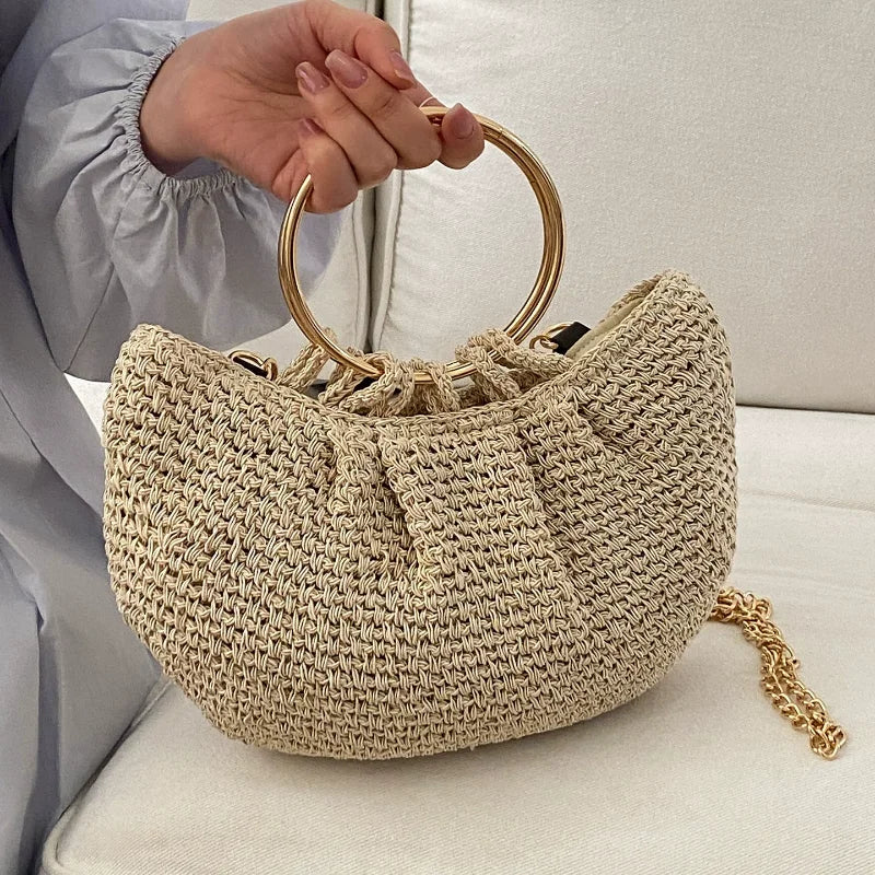 Handwoven Straw Crossbody Bag with Gold Ring Handle