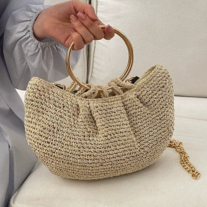 Handwoven Straw Crossbody Bag with Gold Ring Handle