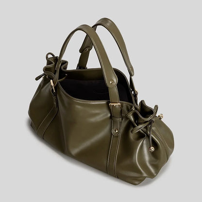 Vintage Large Ruched Drawstring Soft Leather Tote Bag Women S Crossbody Simple Handbag Commuter