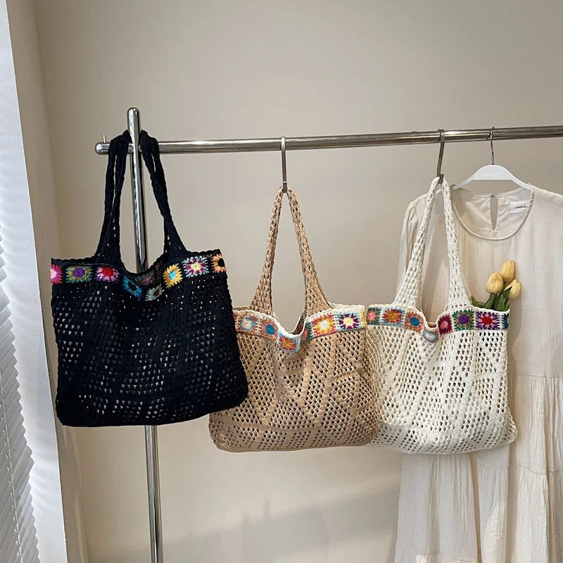 Bohemian Crochet Beach Tote Bag with Colorful Floral Trim