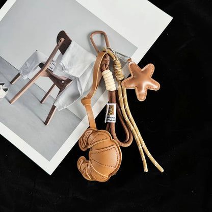 Leather Croissant Keychain – Handmade Star Charm & Braided Rope