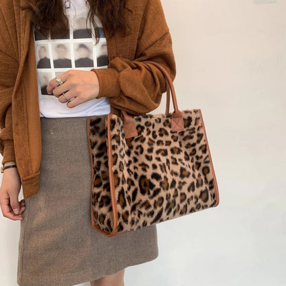 Faux Fur Leopard Print Tote Bag for Women – Soft Shopper Handbag