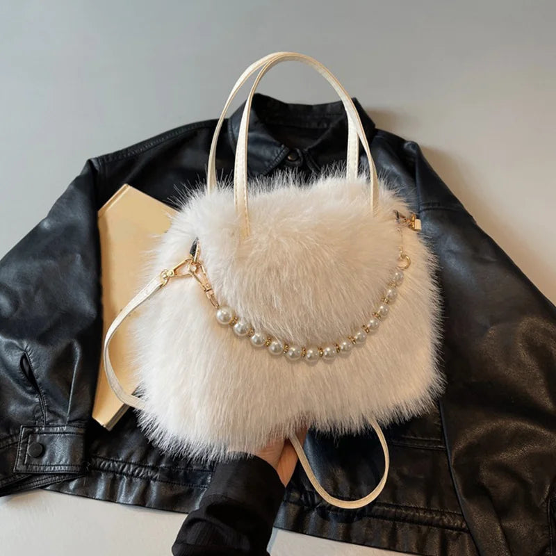 Fluffy Plush Crossbody Bag with Pearl Chain Handle