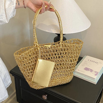 Gold Woven Tote Bag - Large Capacity Hollow Shoulder Bag for Women