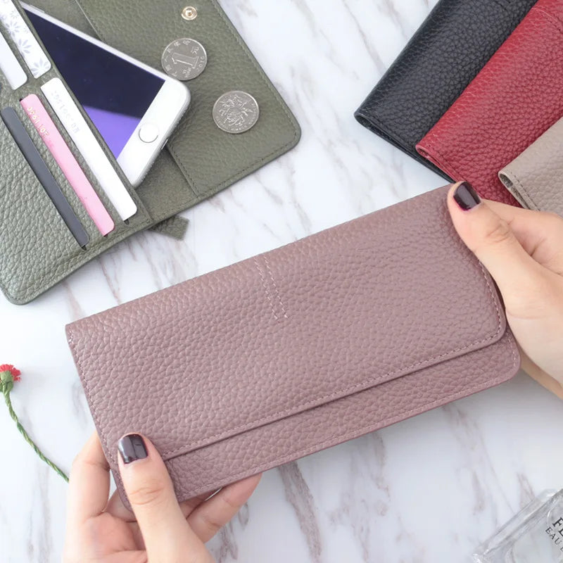 Women's Genuine Leather Long Wallet – Slim Flat Cowhide Purse with Card Slots