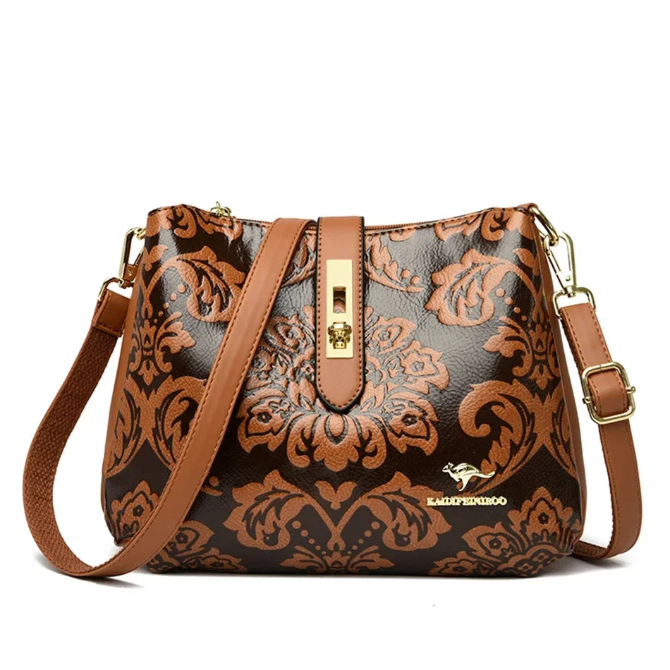 Floral Embossed Leather Women's Crossbody Shoulder Bag – 3-Layer Luxury