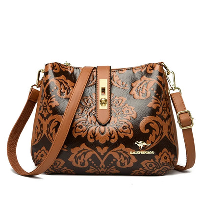 Floral Embossed Leather Women's Crossbody Shoulder Bag – 3-Layer Luxury