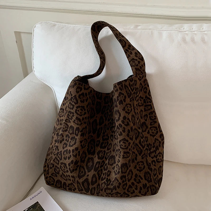 Leopard Print Tote Bag for Women – Large Suede Bucket Shoulder Bag