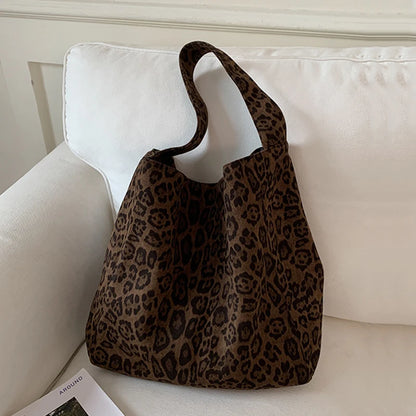 Leopard Print Tote Bag for Women – Large Suede Bucket Shoulder Bag