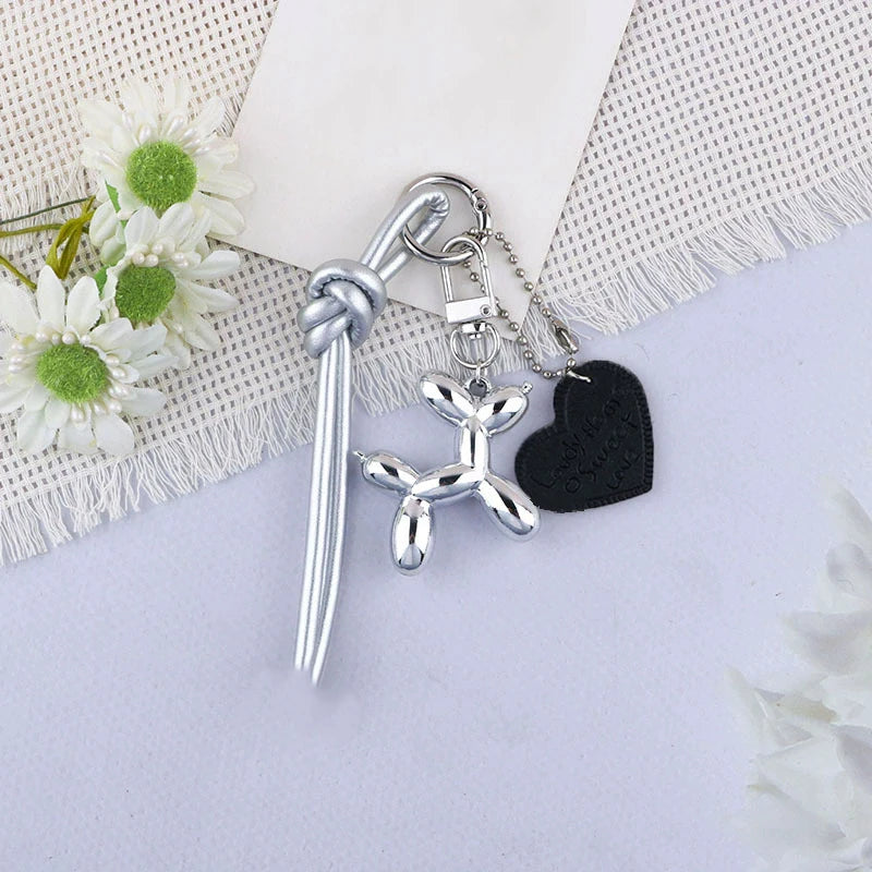 Y2K Balloon Dog Keychain with Heart Charm & Leather Tassel