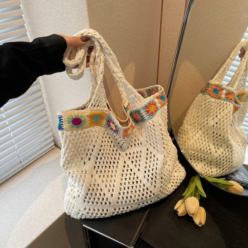 Bohemian Crochet Beach Tote Bag with Colorful Floral Trim