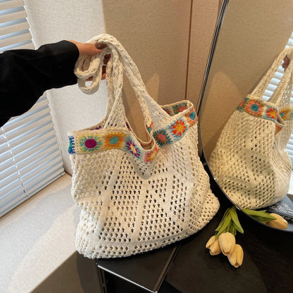 Bohemian Crochet Beach Tote Bag with Colorful Floral Trim