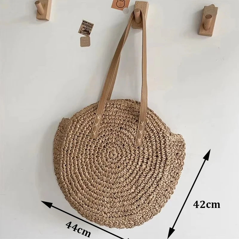 Handmade Straw Woven Round Beach Tote Bag
