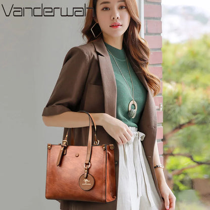 3-Layer Vintage Leather Tote Bag for Women