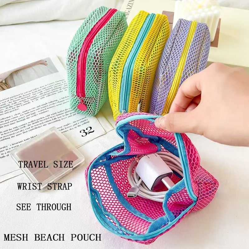 Mesh Beach Pouch with Wrist Strap – Clear Travel Cosmetic Bag