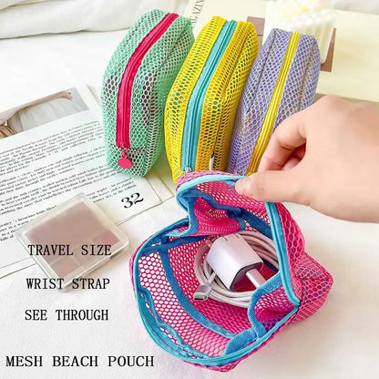 Mesh Beach Pouch with Wrist Strap – Clear Travel Cosmetic Bag