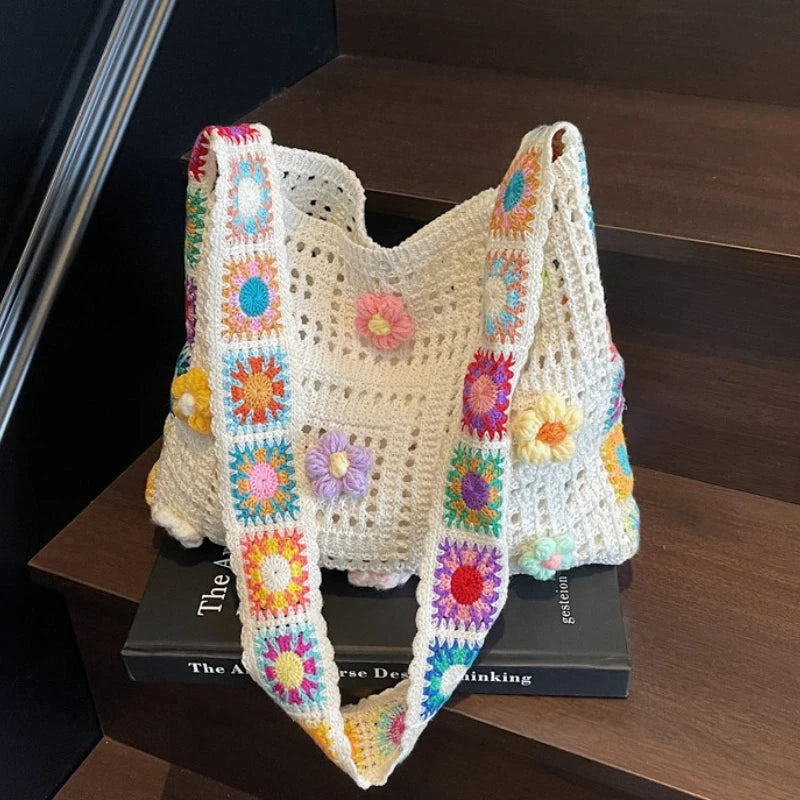 Boho Crochet Shoulder Bag – Floral Knit Large Tote