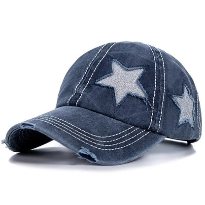 Retro Y2K Star Washed Denim Baseball Cap – Snapback Hat for Men & Women
