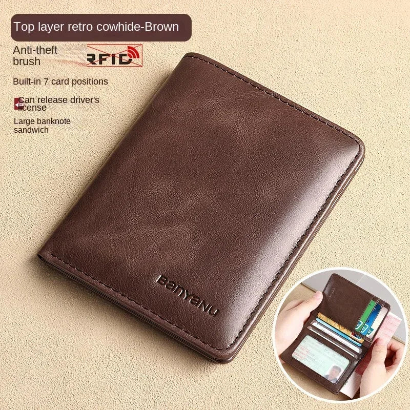 RFID Blocking Genuine Leather Wallet for Men – Slim Vertical Bifold with Card Holder