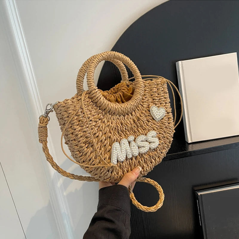 Round Straw Tote Bag – Pearl MISS Letter Woven Handbag