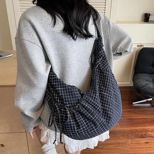 Large Canvas Plaid Shoulder Bag Pleated Hobo Crossbody Tote