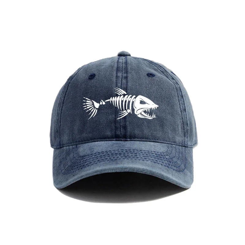 Fishbone Skeleton Baseball Cap – Distressed Dad Hat for Fishing