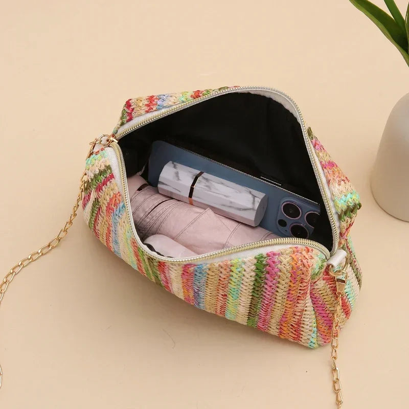 Straw Woven Crossbody Bag Women Summer Beach Chain Shoulder Purse