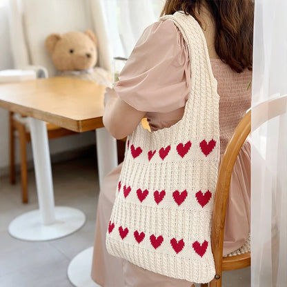 Knitted Heart Pattern Shoulder Tote Bag for Women