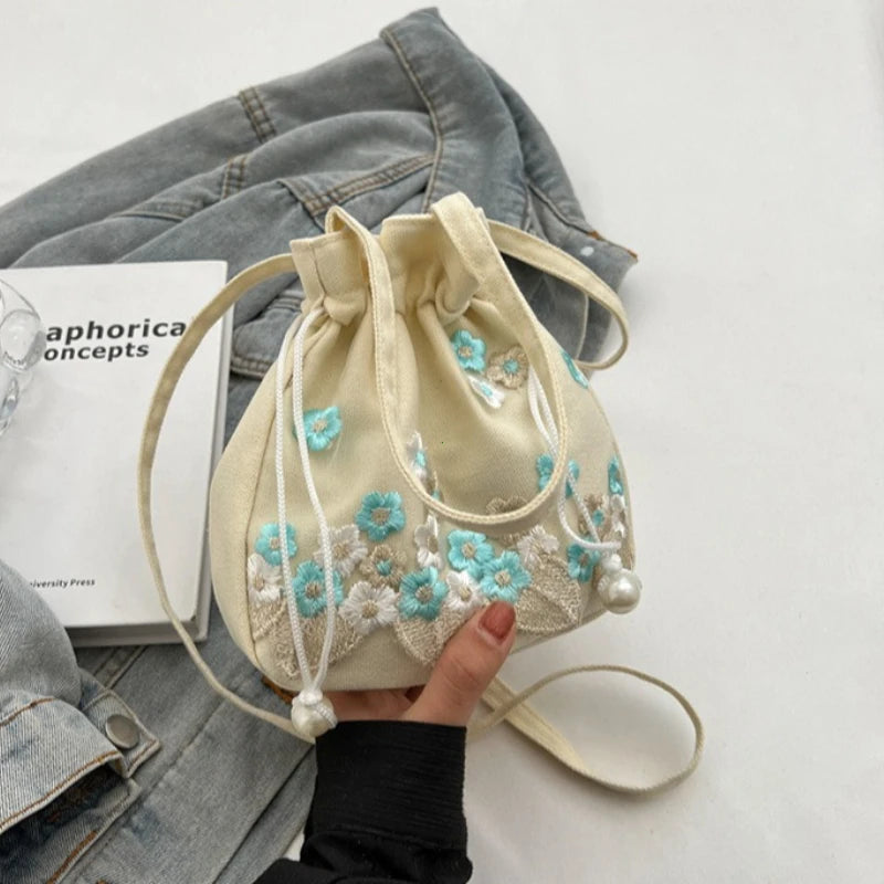 Floral Embroidery Drawstring Bucket Bag – Chinese Crossbody Handbag
