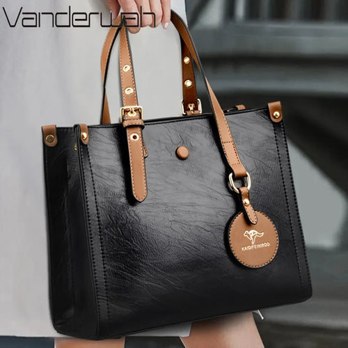 3-Layer Vintage Leather Tote Bag for Women