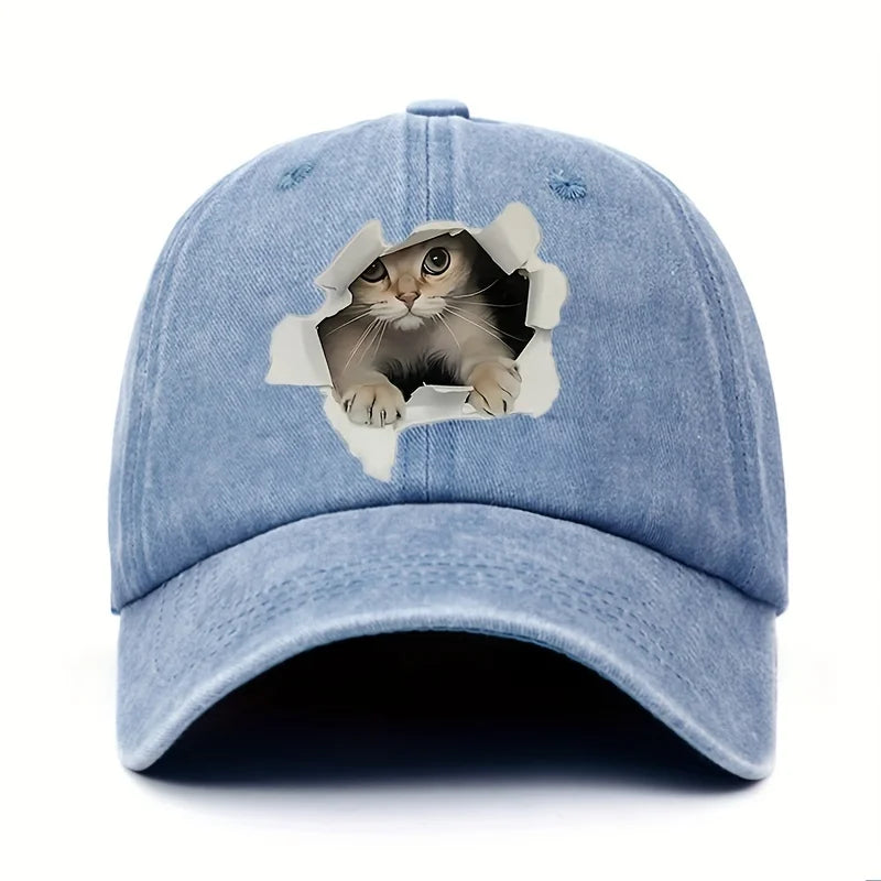Cat Print Baseball Cap – Retro Washed Unisex Sun Hat